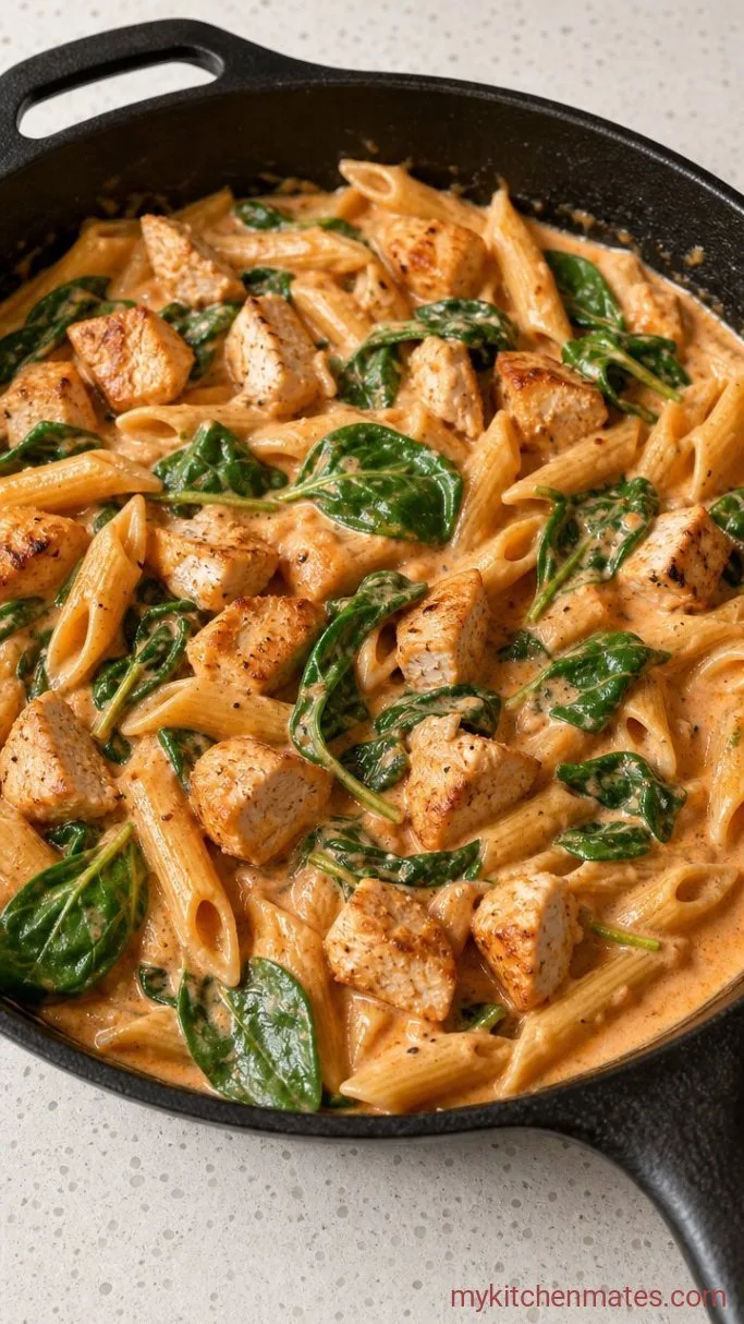 30-Minute Creamy Chicken Penne Pasta Step 4: Stir in Cream and Spinach