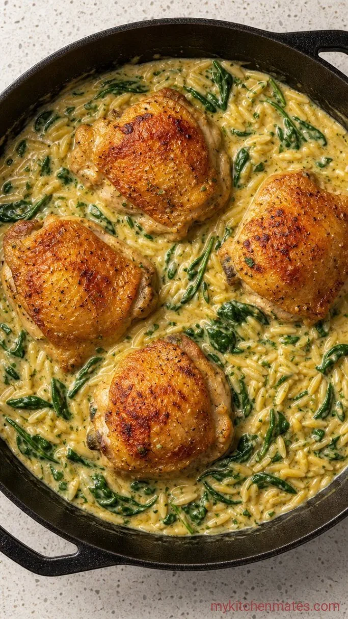 One-Pan Creamy Lemon Chicken Thighs with Orzo Step 4: Stir in the Cream and Spinach