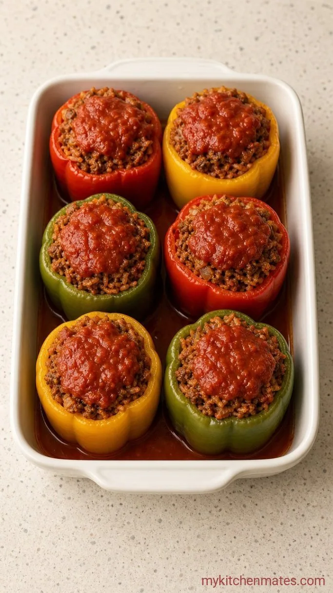 Cheesy Stuffed Bell Peppers with Ground Beef and Rice Step 4: Stuff and Bake the Peppers
