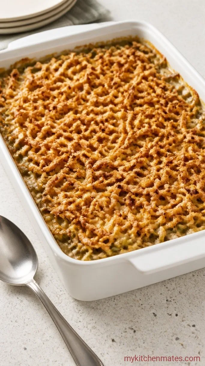 Quick and Creamy Hamburger Green Bean Casserole Step 4: Top with Crispy Onions and Serve