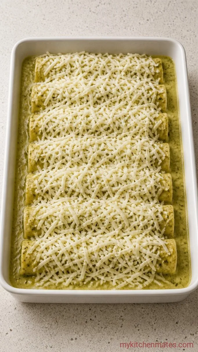 Creamy Green Chile Chicken Enchiladas Step 4: Top with Sauce and Cheese