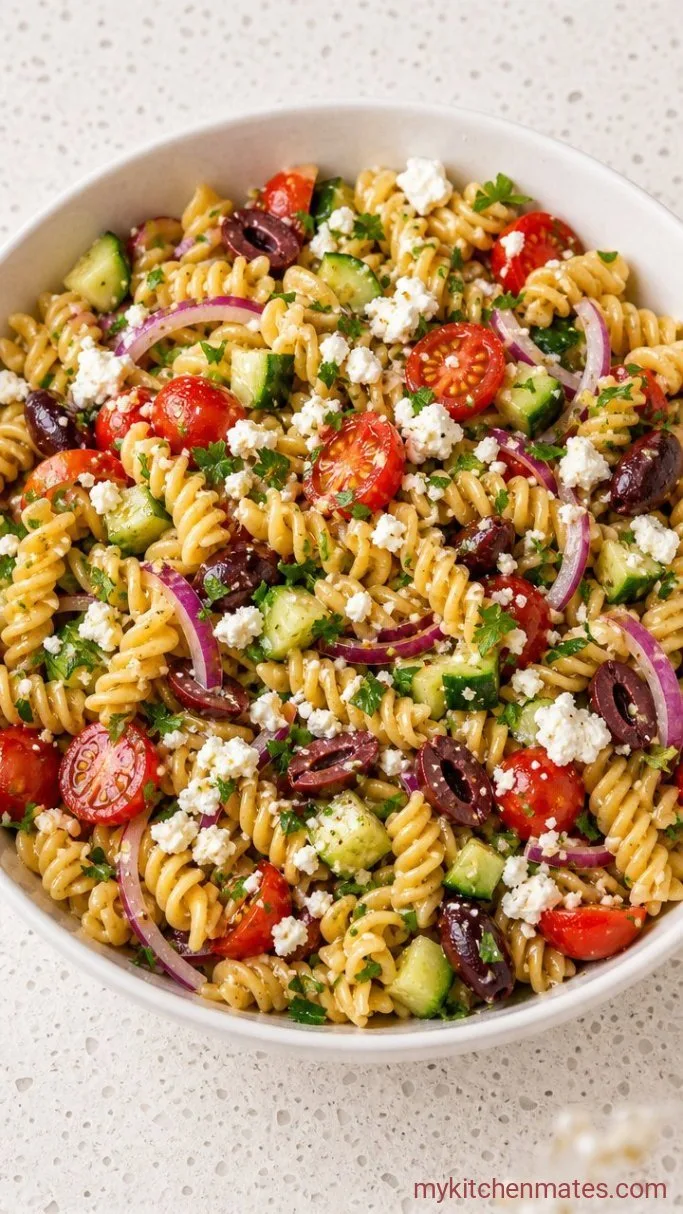 Greek Pasta Salad with Feta and Lemon Dressing Step 4: Toss and Serve