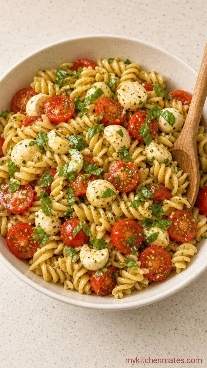 Quick & Fresh Pasta Salad with Mozzarella Balls Step 4: Toss and Serve