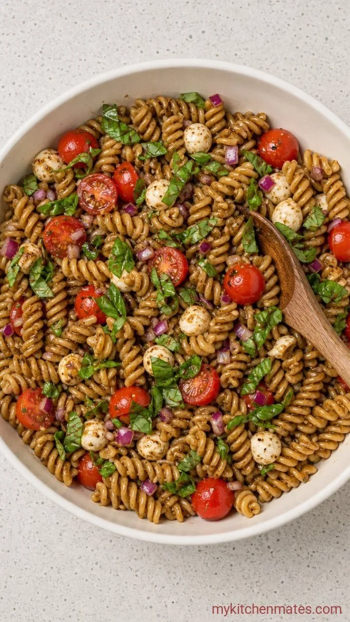 Balsamic Pasta Salad with Mozzarella and Cherry Tomatoes Step 4: Toss with Fresh Basil and Serve
