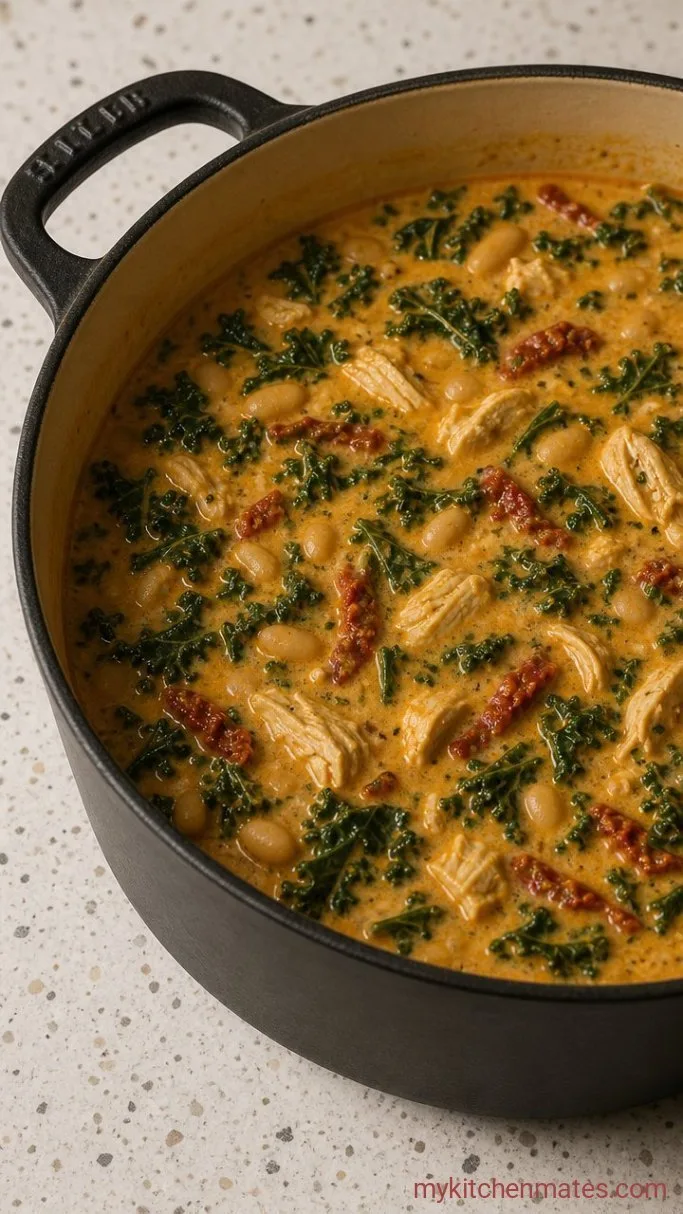 One-Pot Creamy Tuscan Chicken Soup Step 4: Wilt the Greens and Finish
