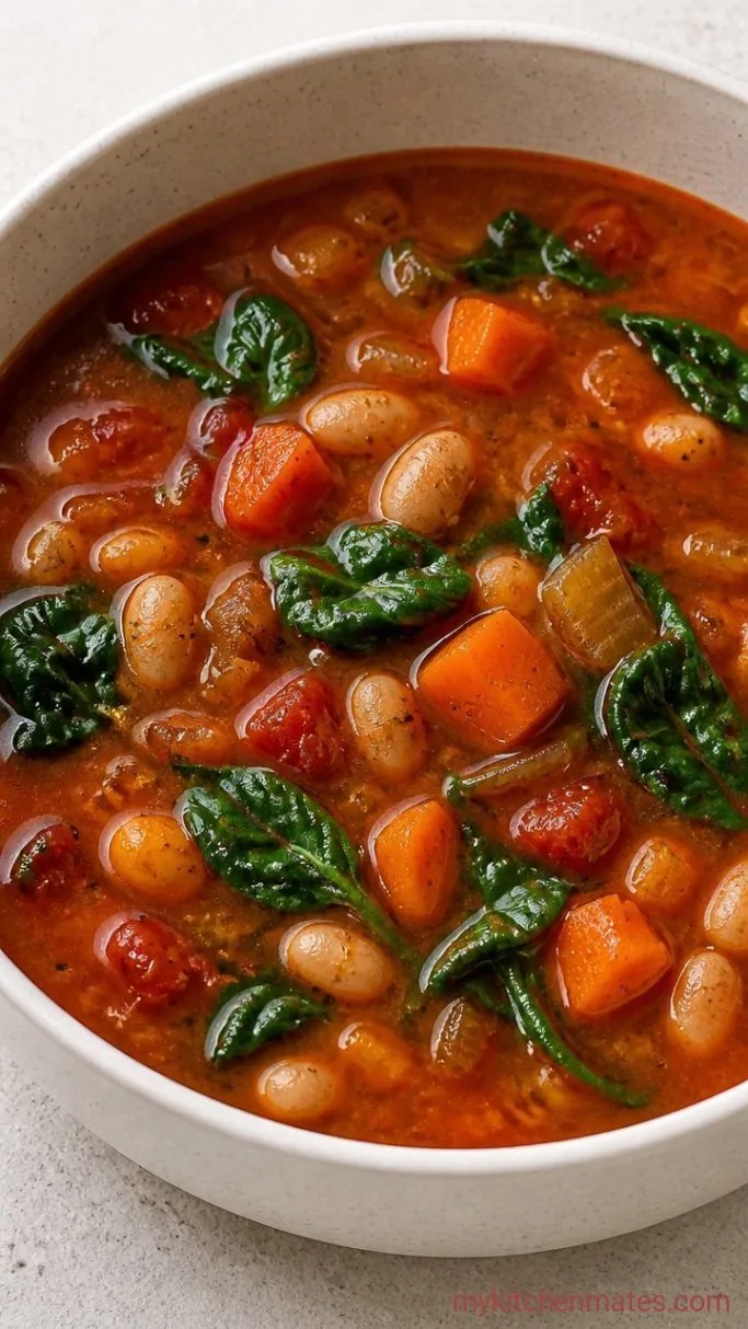 Hearty Tomato Vegetable Soup in 30 Minutes Step 4: Wilt the Greens and Ladle