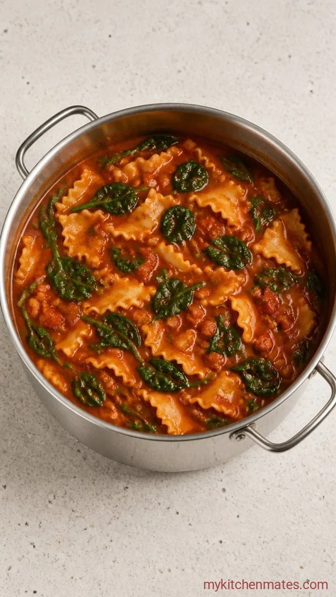 One-Pot Vegan Lasagna Soup Step 4: Wilt the Greens