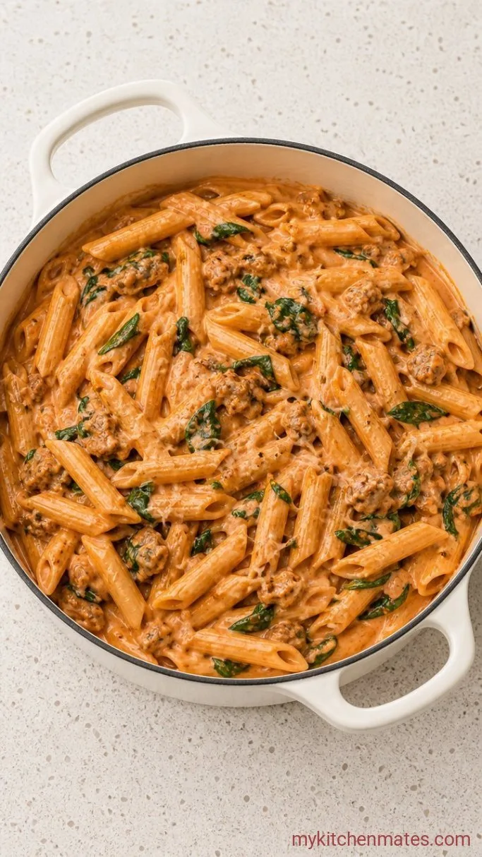 Creamy One Pot Sausage Pasta (Ready in 35 Minutes) Step 4: Wilt the Spinach and Add Cream