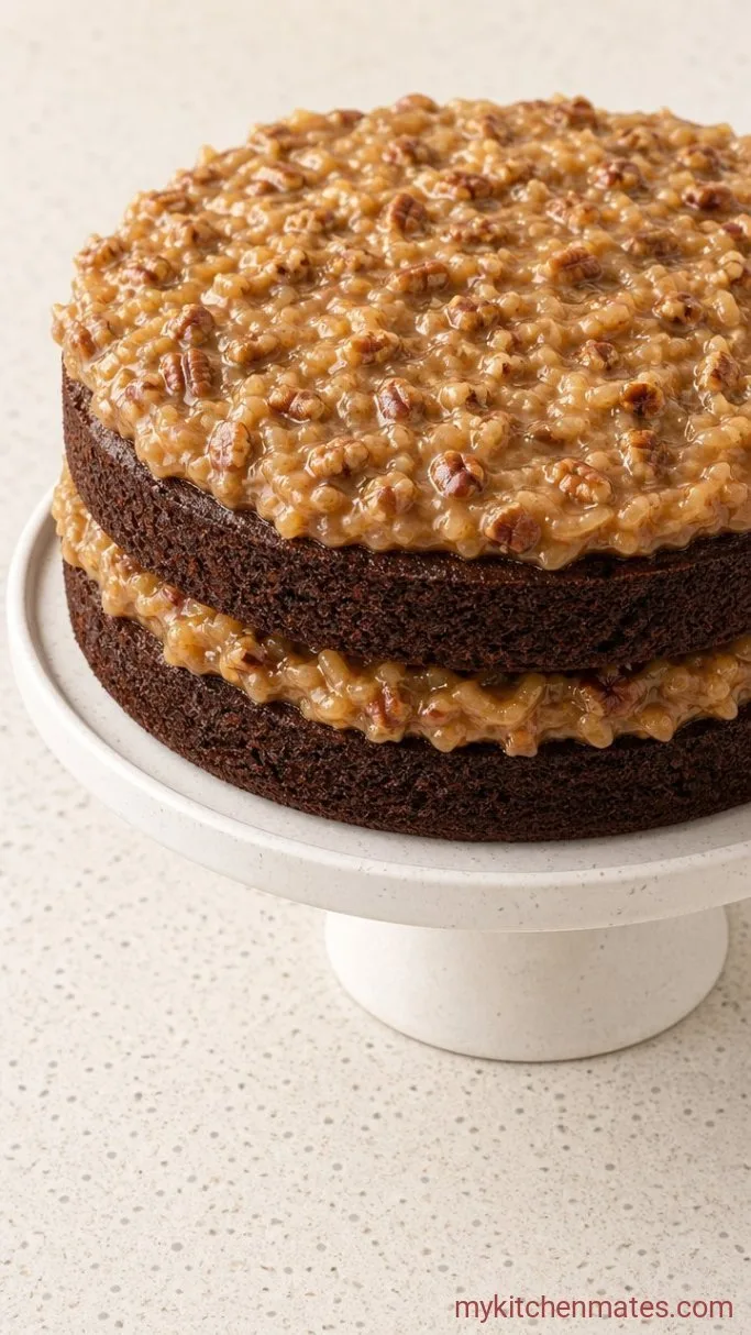 Classic German Chocolate Cake with Coconut-Pecan Frosting Step 5: Assemble and Frost the Cake