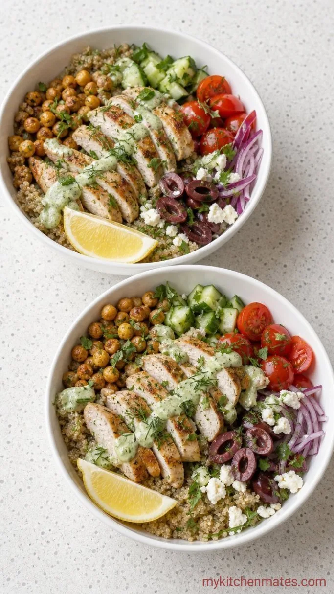 Mediterranean Chicken Quinoa Bowl with Lemon-Herb Dressing Step 5: Assemble the Bowls