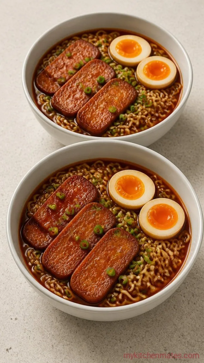Spicy Korean Ramen with Gochujang and Crispy Spam Step 5: Assemble the Bowls