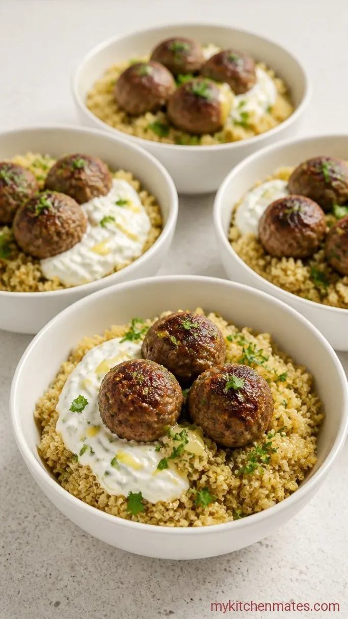 Mediterranean Lamb Meatball Bowls Step 5: Assemble the bowls