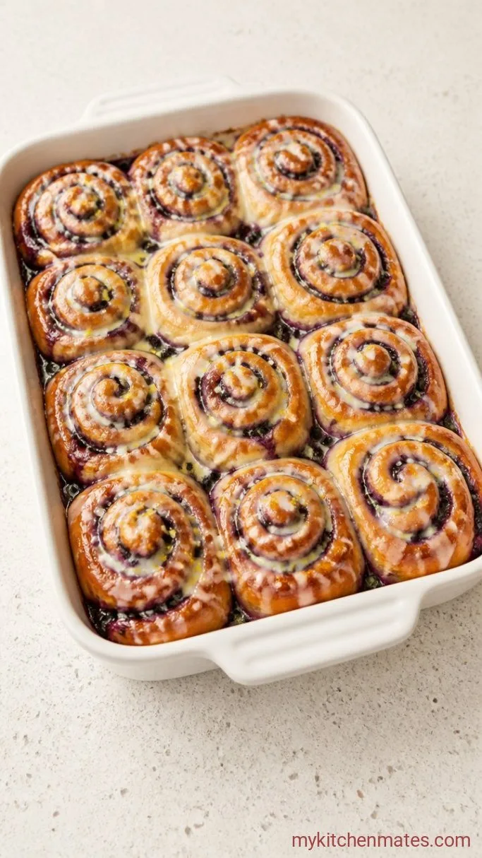 Soft Blueberry Cinnamon Rolls with Lemon Glaze Step 5: Bake and Glaze
