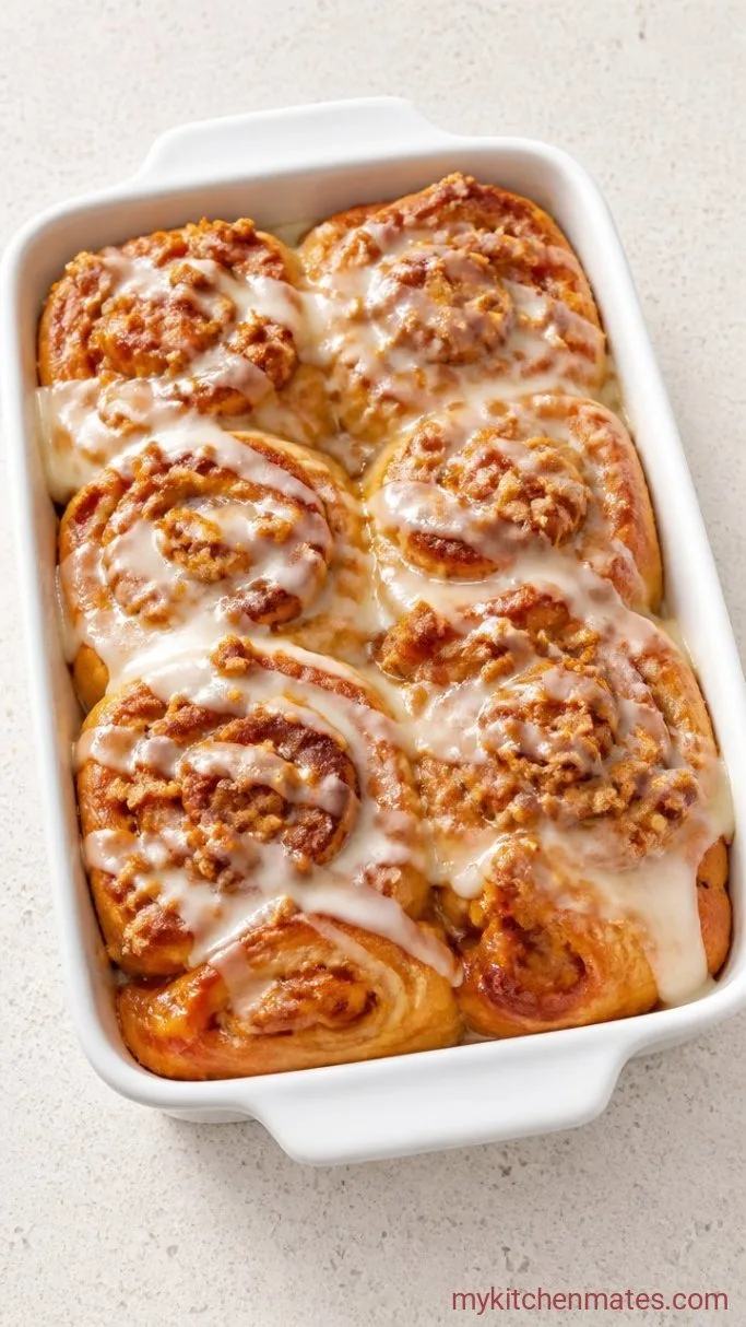 Peach Cobbler Cinnamon Rolls Step 5: Bake and Glaze