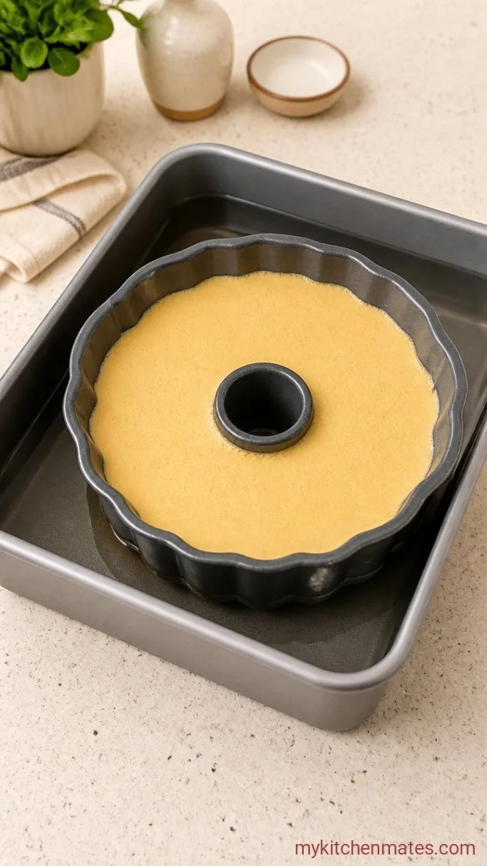 Mexican Chocoflan (The Impossible Cake): Chocolate Cake and Flan in One Pan Step 5: Bake in a Water Bath