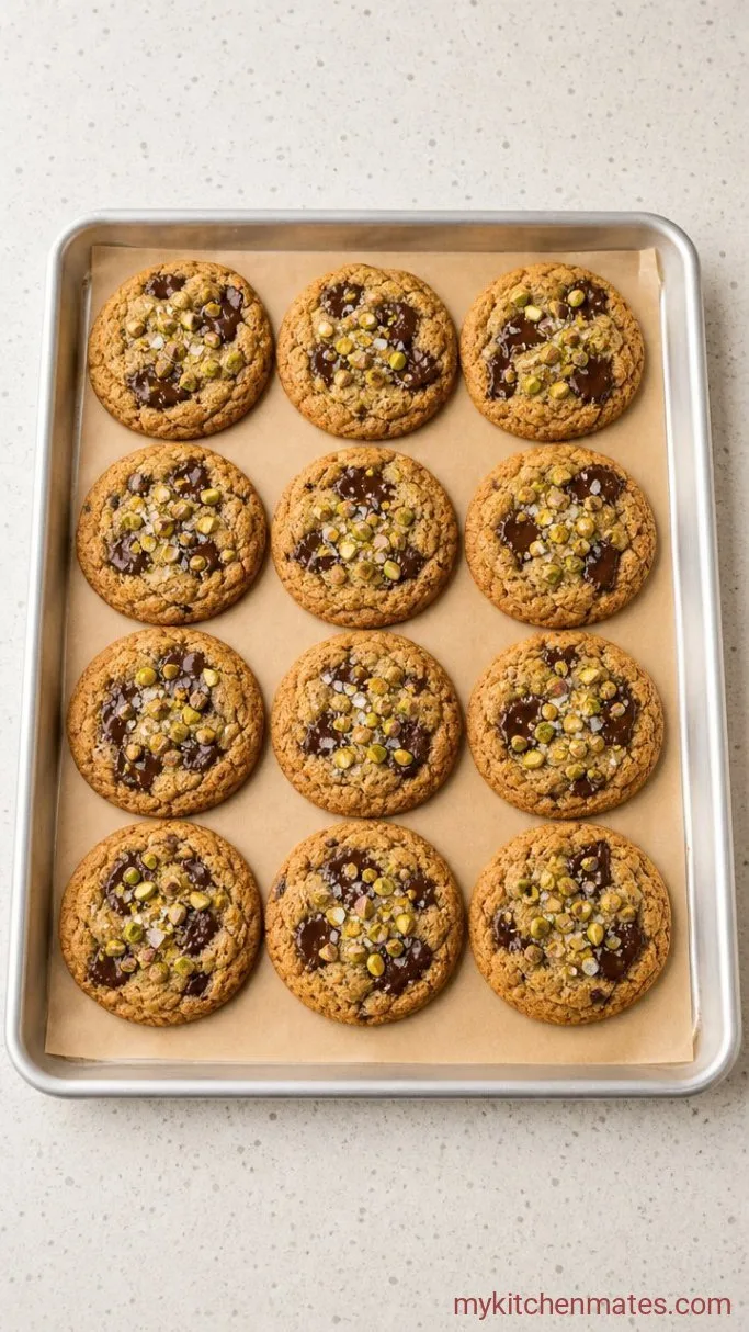 Chewy Brown Butter Pistachio Chocolate Chip Cookies Step 5: Cool and Sprinkle with Flaky Salt