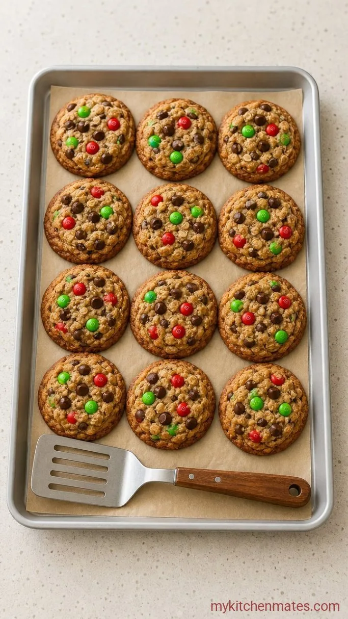 Soft and Chewy Christmas Monster Cookies Step 5: Cool on the Pan and Transfer
