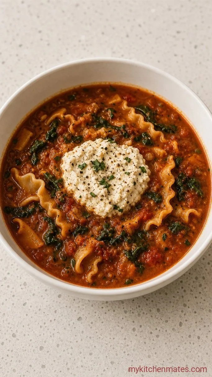 One-Pot Vegan Lasagna Soup Step 5: Dollop the Ricotta and Serve