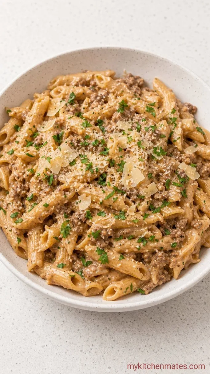Quick One-Pot Creamy Beef and Garlic Pasta Step 5: Finish with Cream and Parmesan