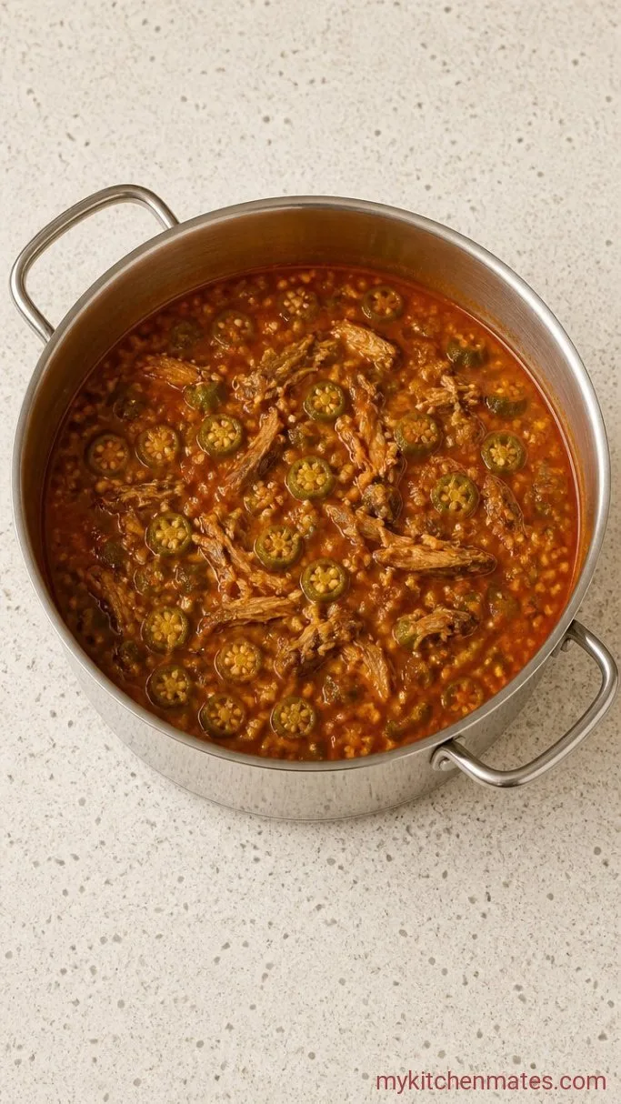 Steamed Banku and Smoky Okro Stew Step 5: Flake the Fish into the Stew