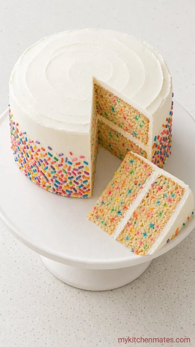 Soft and Fluffy Vanilla Sprinkle Cake Step 5: Frost and Slice the Cake