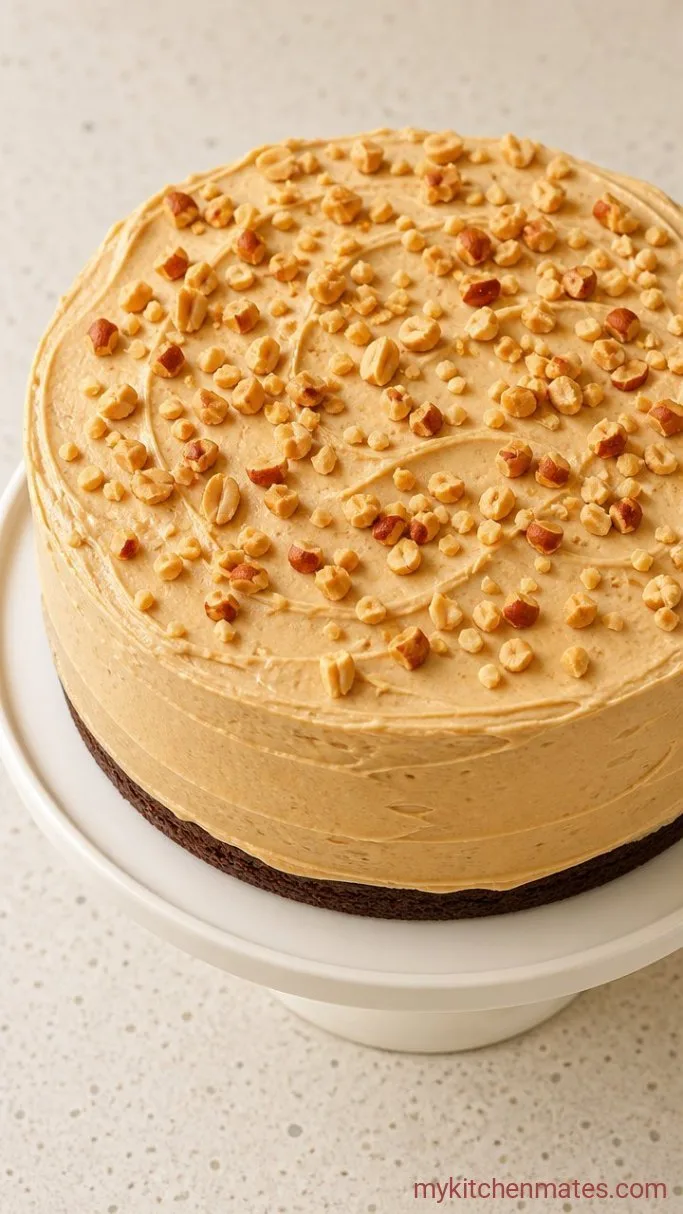 Rich Chocolate Peanut Butter Cake with Peanut Butter Frosting Step 5: Frost and Stack the Cake