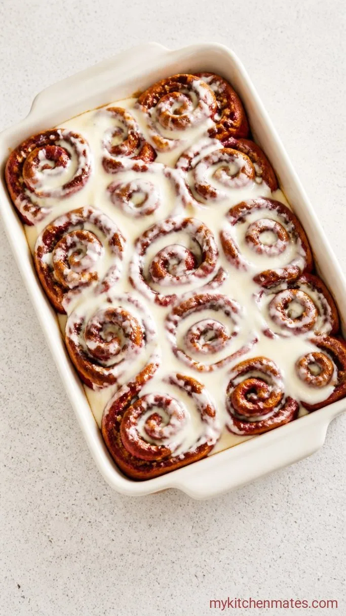 Soft Red Velvet Cinnamon Rolls with Cream Cheese Frosting Step 5: Frost the Rolls