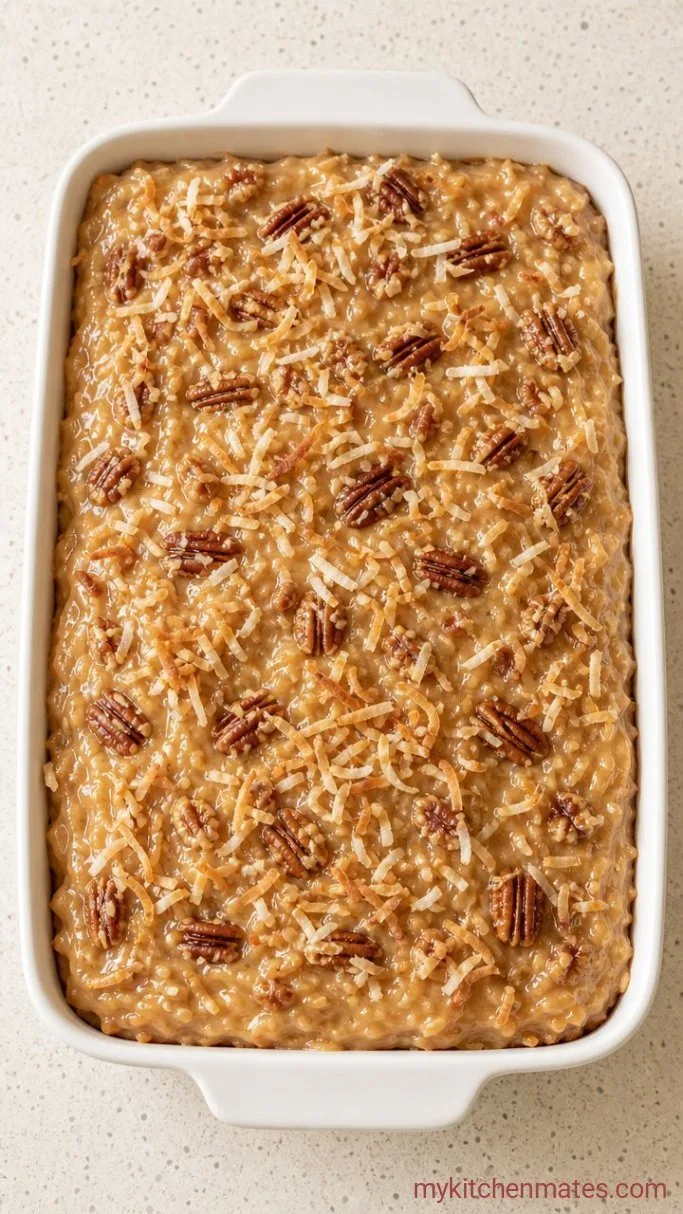 German Chocolate Sheet Cake (So Much Easier Than Layers) Step 5: Frost the Warm Cake