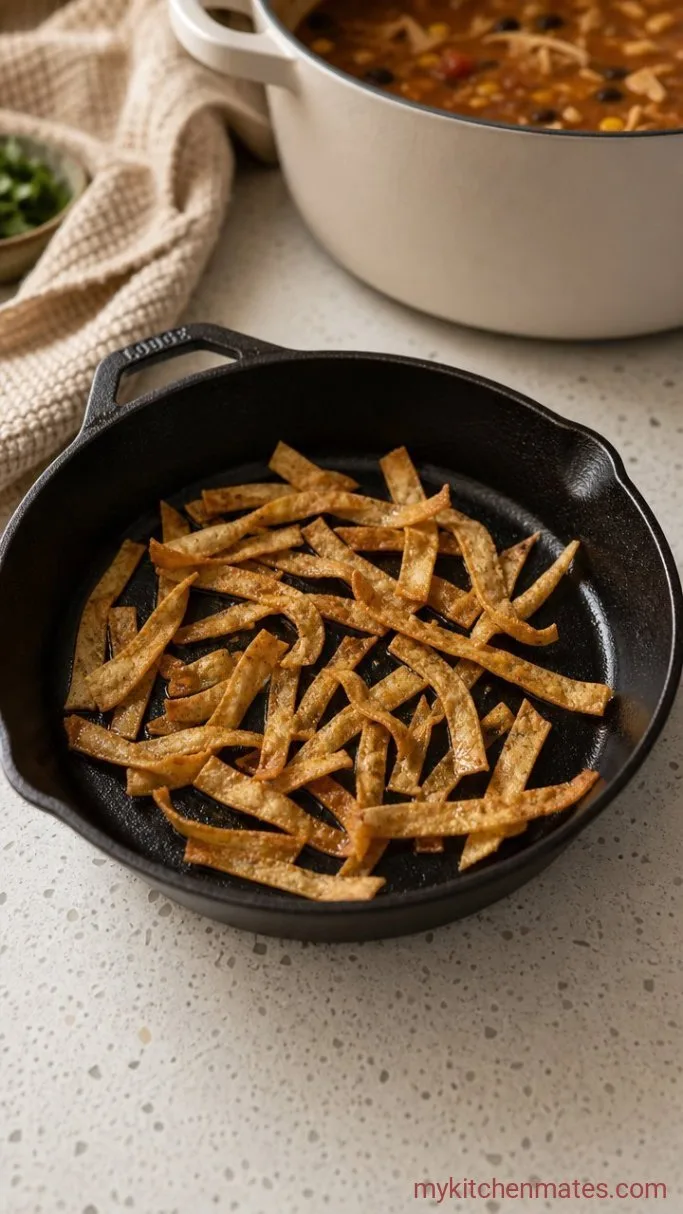 30-Minute Low Carb Chicken Tortilla Soup Step 5: Fry the Tortilla Strips