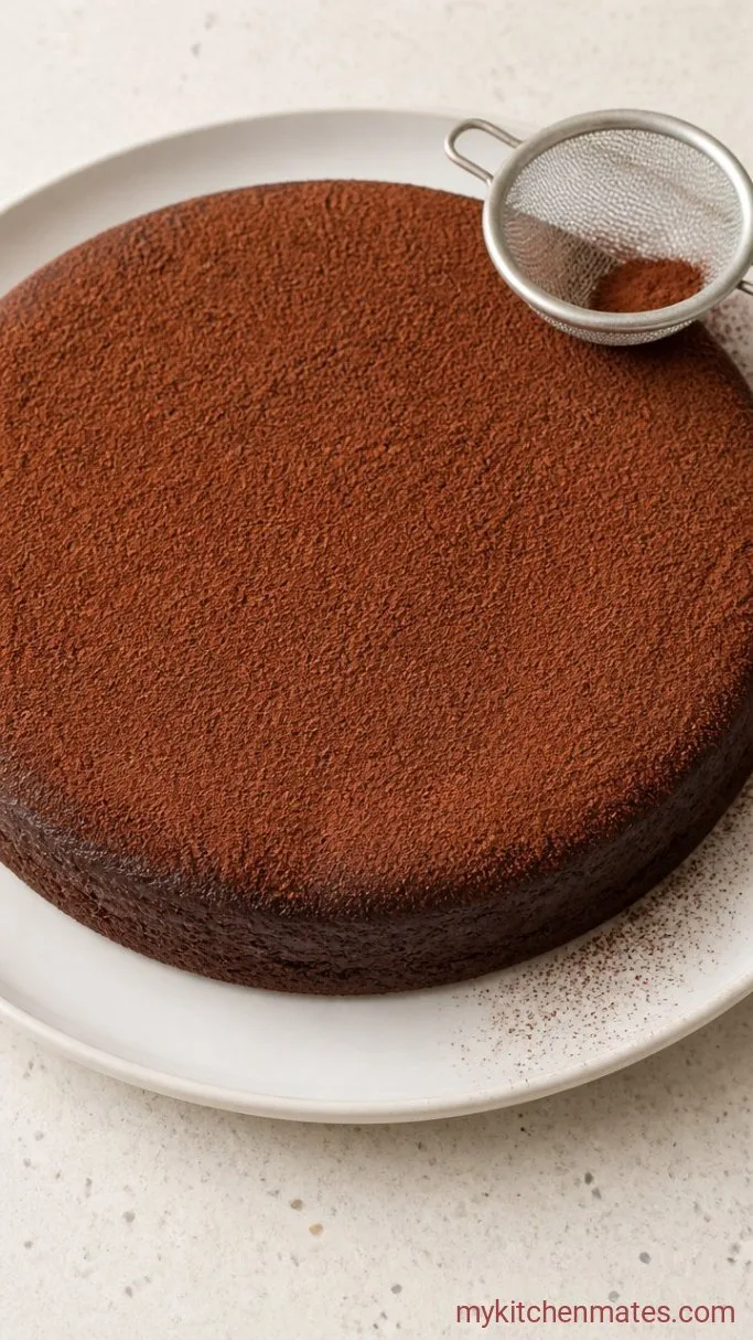 3-Ingredient Flourless Chocolate Cake (So Rich, So Easy) Step 5: Invert and Dust with Cocoa