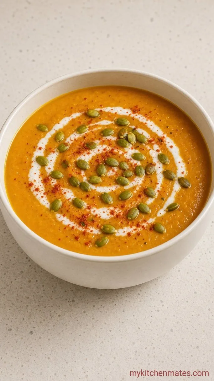 30-Minute Creamy Pumpkin Lentil Soup Step 5: Ladle and Finish with a Swirl