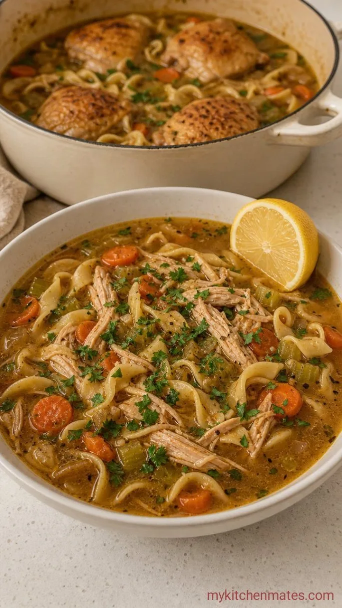 From-Scratch Dutch Oven Chicken Noodle Soup Step 5: Ladle and Garnish