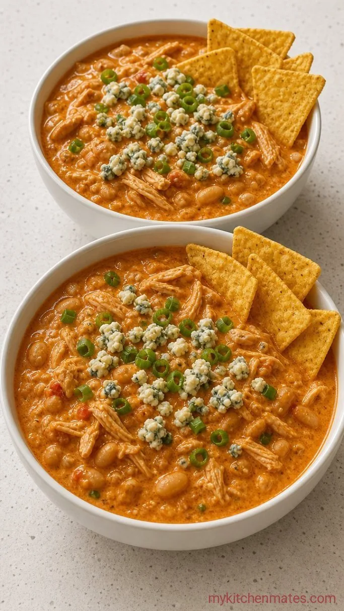 Slow Cooker Buffalo Chicken Chili (Creamy, Spicy, Easy) Step 5: Ladle and Serve with Toppings