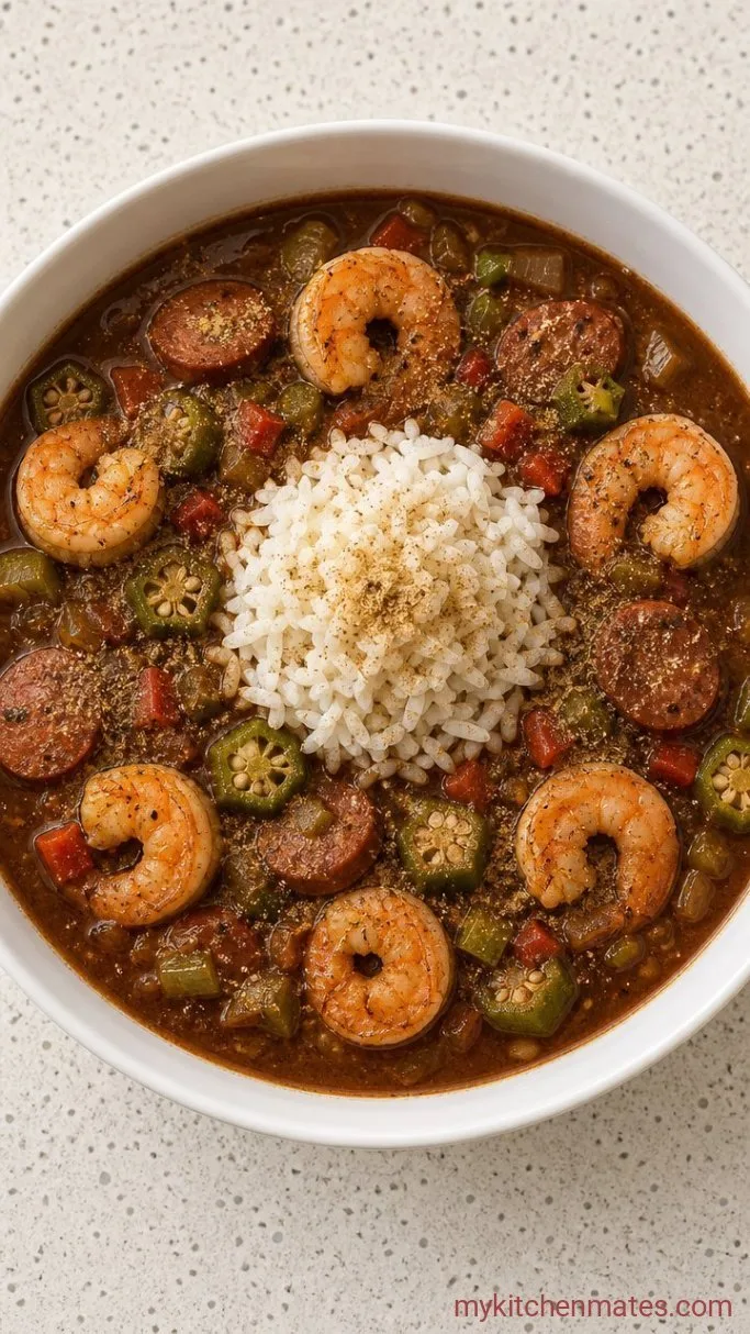 Shrimp and Sausage Gumbo with a Dark Roux Step 5: Ladle and Serve