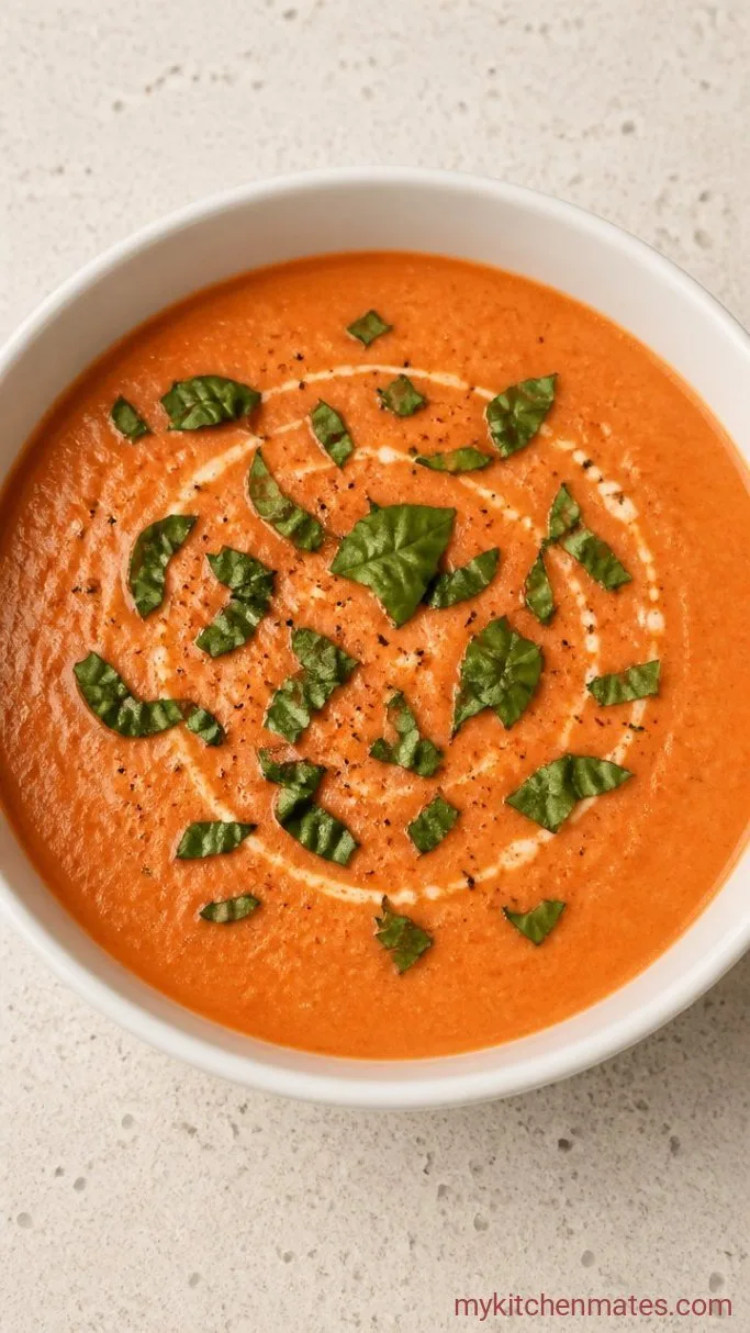 Homemade La Madeleine Tomato Basil Soup Step 5: Ladle and Top with Fresh Basil