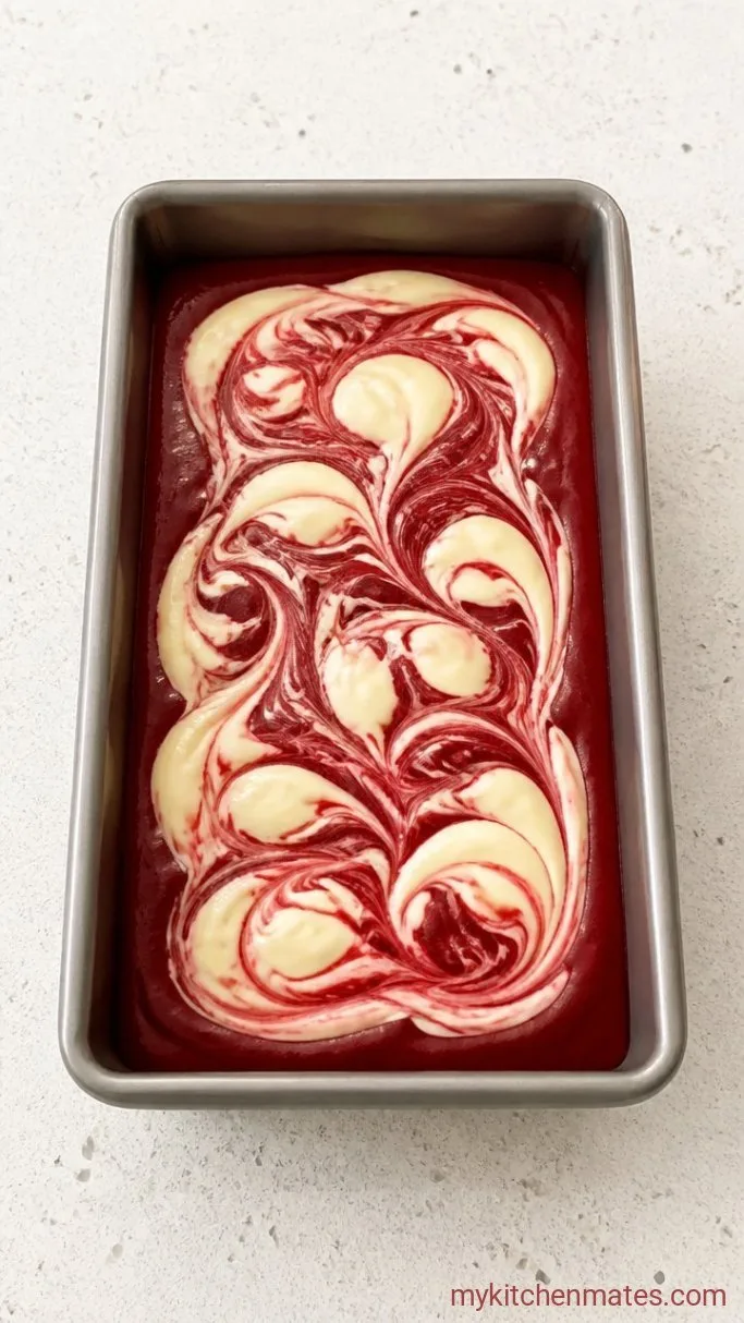 Red Velvet Pound Cake with Cream Cheese Swirl Step 5: Layer and Swirl