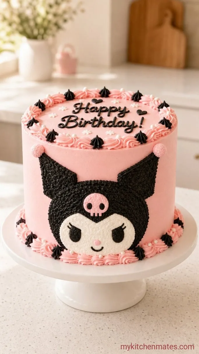 Kuromi Birthday Cake (Simple Frosting, Big Character) Step 5: Pipe the Kuromi Face and Hat