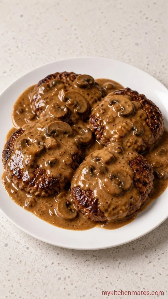 One-Pan Hamburger Steak with Mushroom Gravy Step 5: Plate and Spoon Over the Gravy