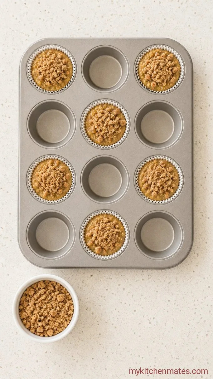Soft Zucchini Muffin Recipe with Cinnamon and Walnuts Step 5: Portion and Streusel the Muffins