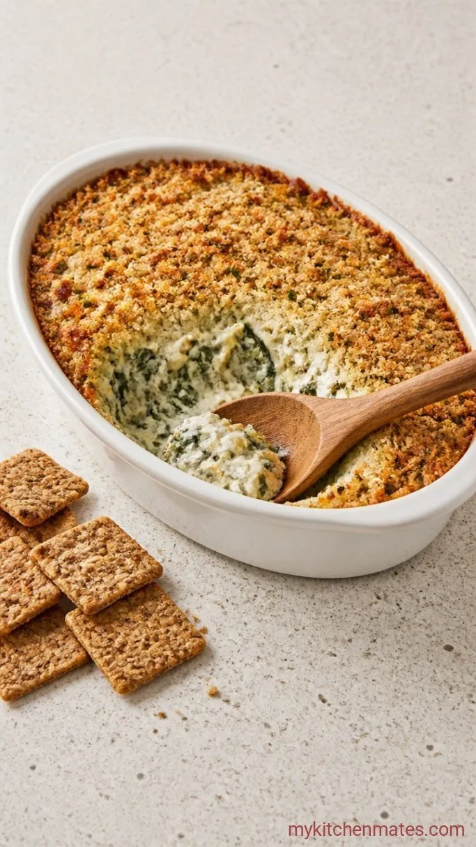 High Protein Spinach Artichoke Dip (Baked and Creamy) Step 5: Scoop and Serve Warm