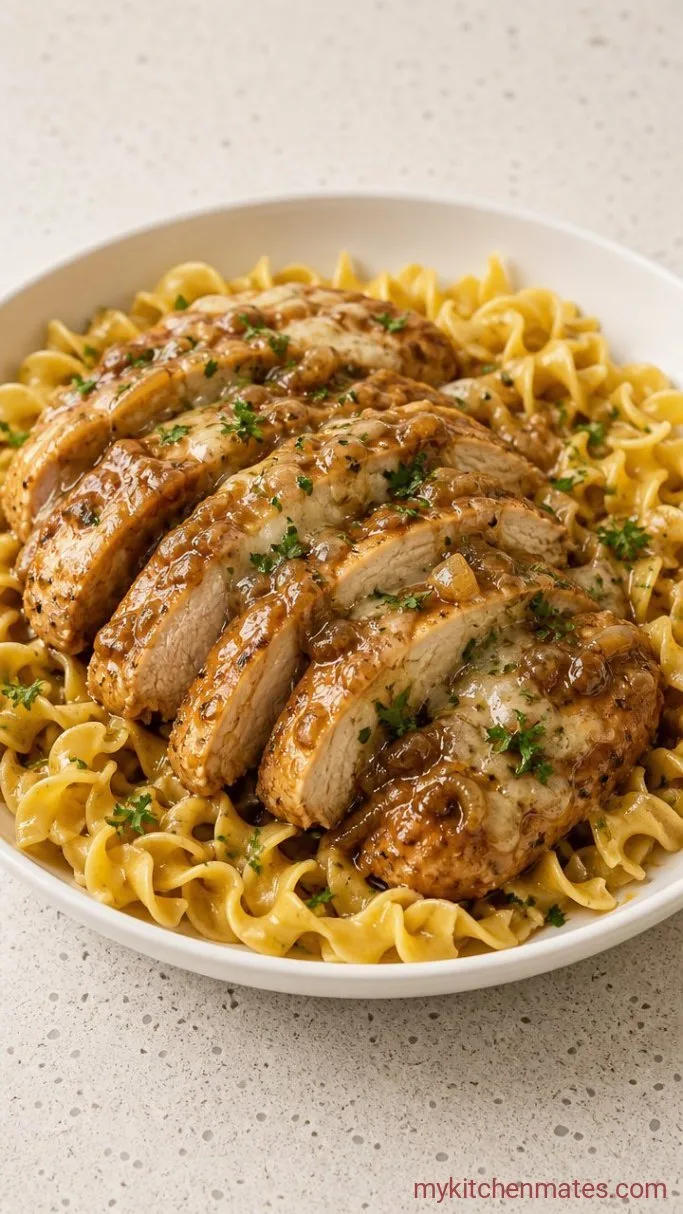 Creamy Crockpot French Onion Chicken Step 5: Serve Over Buttered Noodles