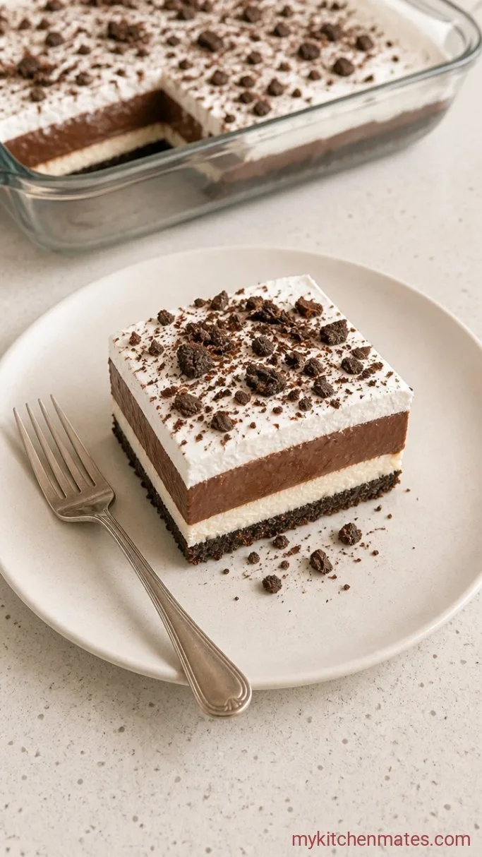No-Bake Chocolate Layered Pudding Dessert Step 5: Slice and Serve Cold