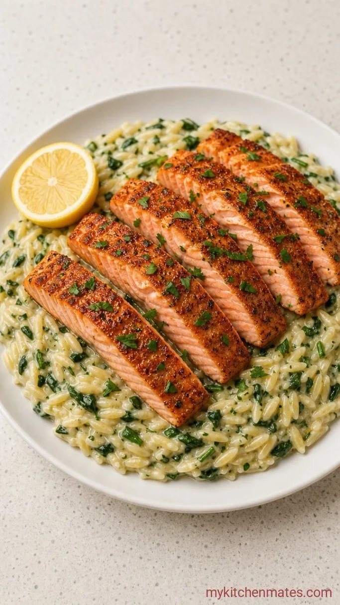 One-Pan Creamy Lemon Garlic Salmon & Orzo Step 5: Slice and Serve Over the Orzo