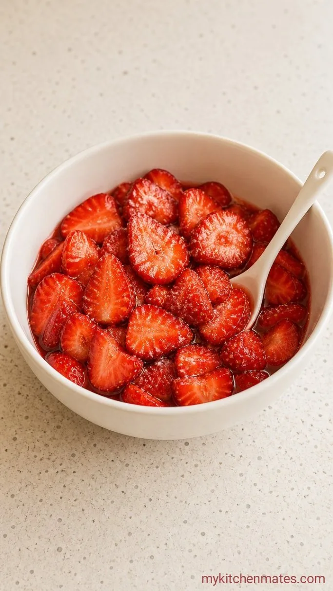 Strawberry Shortcake Cheesecake Cake (Three Desserts, One Cake) Step 5: Slice and Sugar the Strawberries