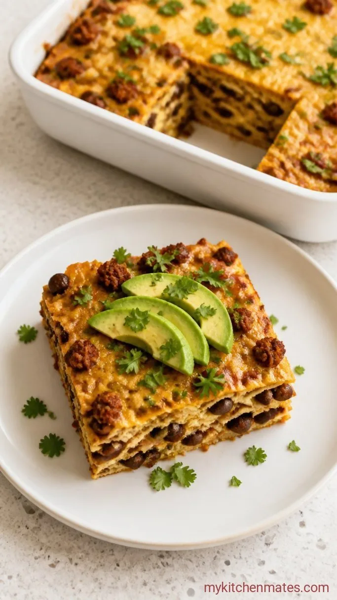 Make-Ahead Mexican Breakfast Casserole Step 5: Slice and Top with Fresh Cilantro and Avocado