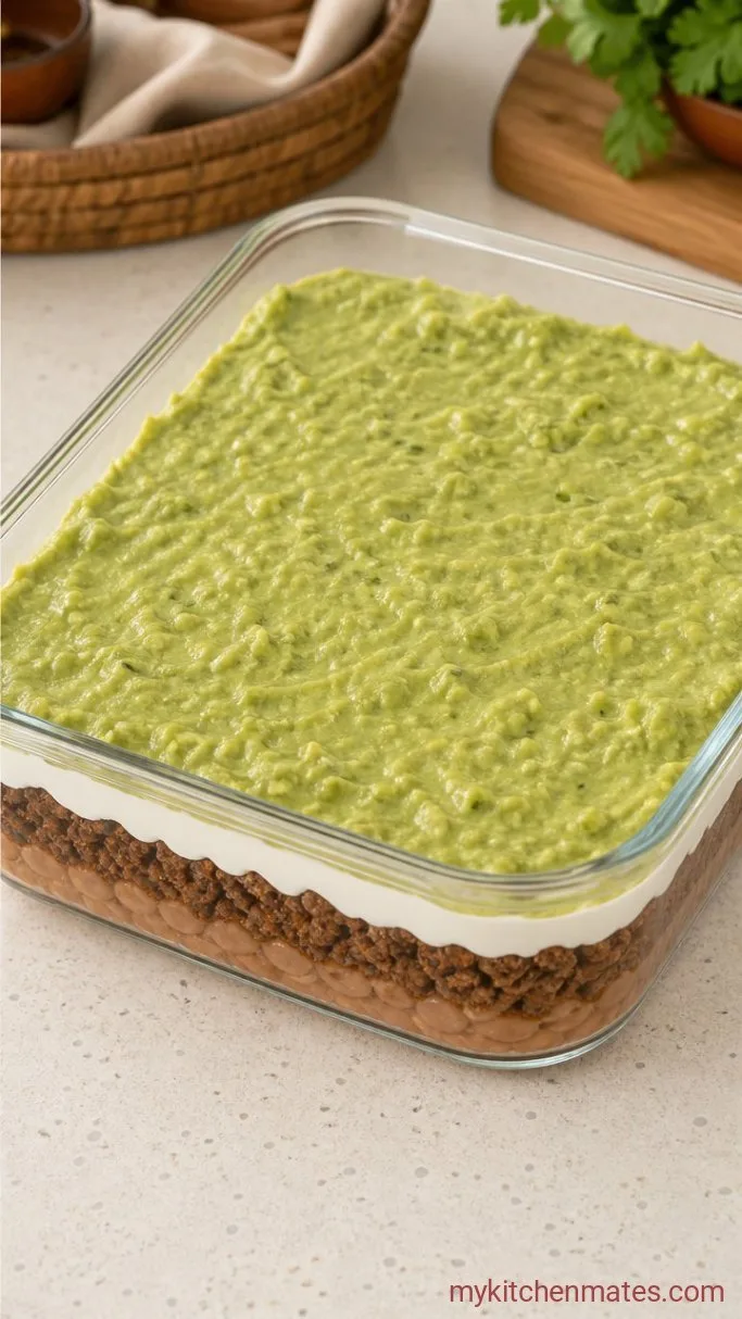 Seven-Layer Dip with Seasoned Ground Beef Step 5: Smooth Over the Guacamole