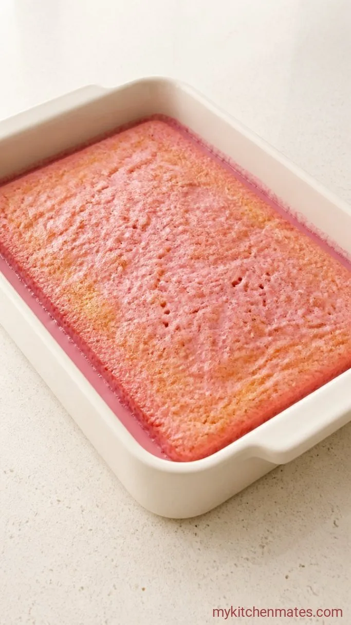 Strawberry Tres Leches Cake Soaked in Real Strawberry Milk Step 5: Soak the Cake