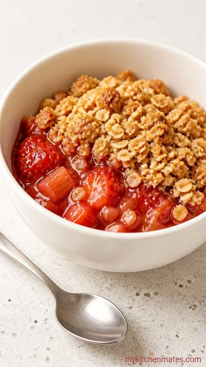 Strawberry Rhubarb Crisp with a Buttery Oat Topping Step 5: Spoon and Serve Warm
