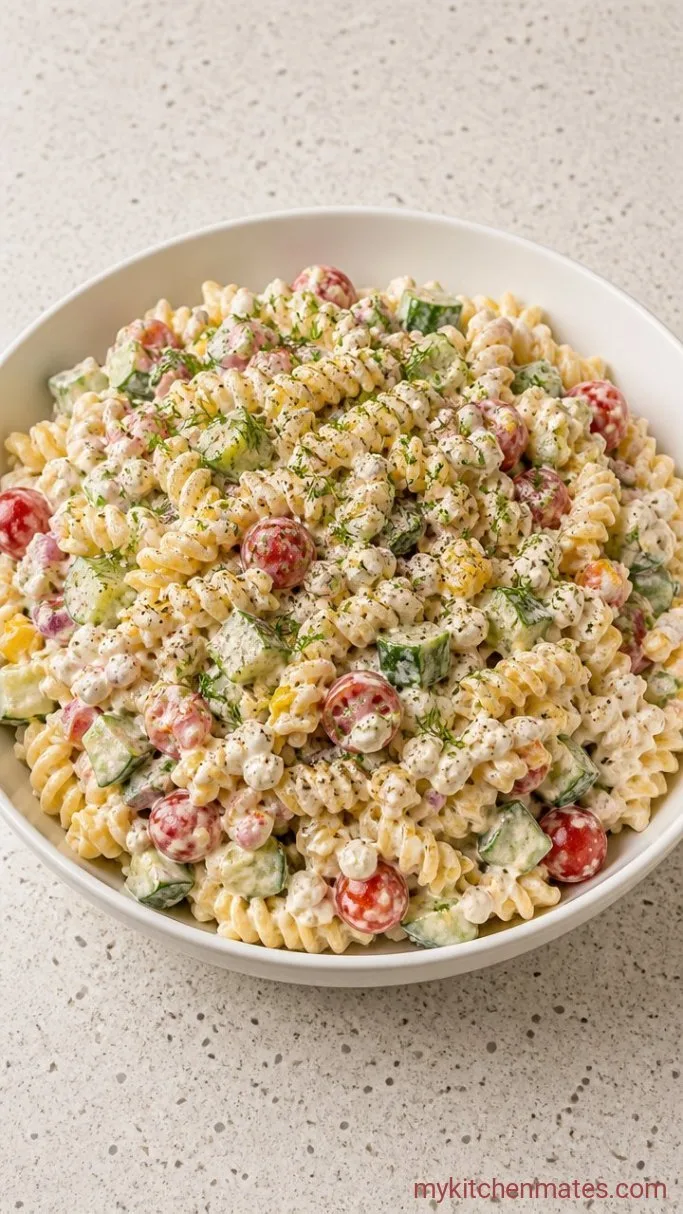 Creamy High-Protein Cottage Cheese Pasta Salad Step 5: Spoon Into a Bowl and Garnish