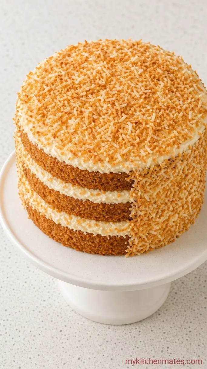 Fluffy Coconut Layer Cake with Toasted Coconut Frosting Step 5: Stack and Coat with Toasted Coconut